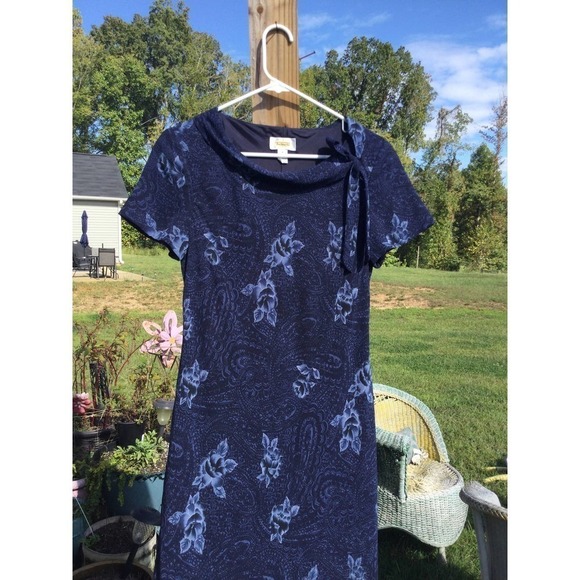 Talbots womens midi dress tie neck 8 blue floral chiffon wedding formal modest - Picture 2 of 15